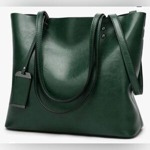 FLO-MOTOR Waxing Leather Bucket Bag Double Strap Shoulder/Handbag Green